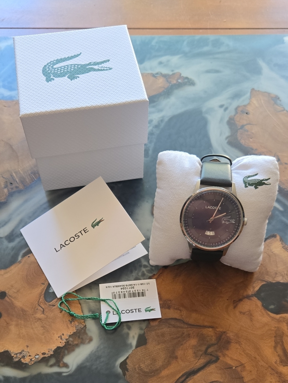 Movado / Lacoste Men's Black Leather Strap Watch with Dark Dial